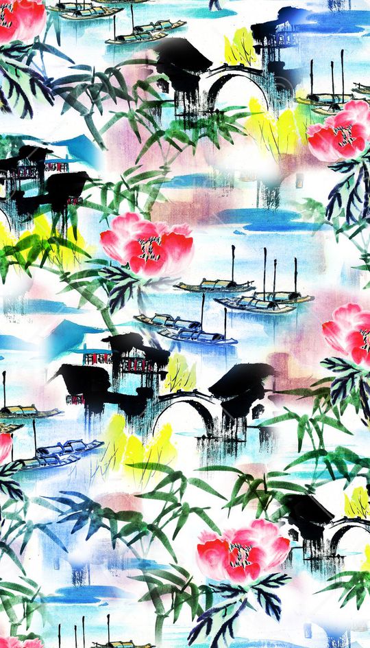 中国风建筑、水墨花卉、小桥流水印花花型图片