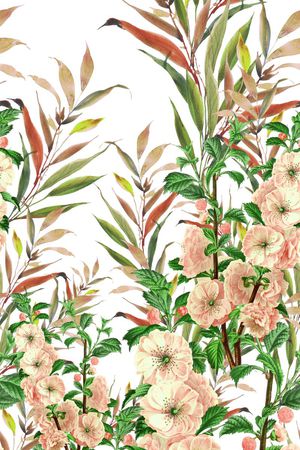 手绘花卉、手绘树叶、定位印花花型图片