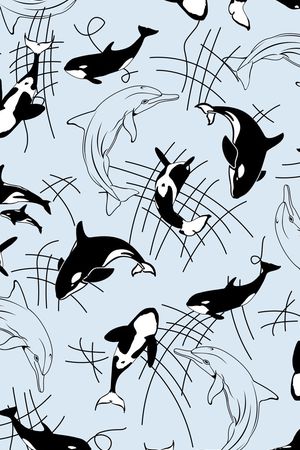 鲸鱼、渔网、勾线元素印花花型图片