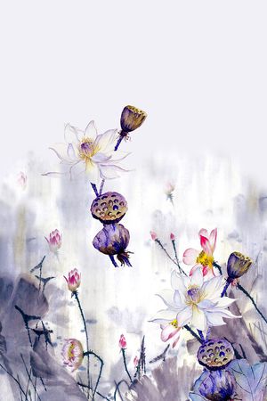 时尚潮流女装裙子长裙定位手绘荷花水墨画数码印花印花花型图片