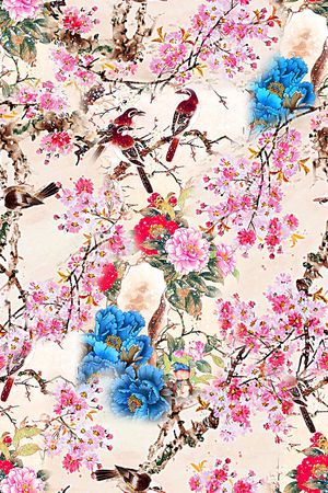 时尚潮流手绘彩绘梅花花鸟牡丹花数码印花印花花型图片
