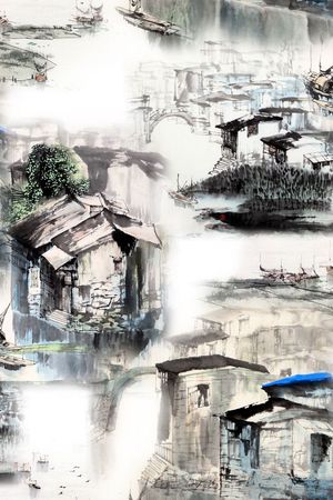 水墨风景印花花型图片