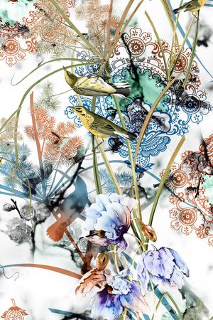 手绘花、手绘鸟、花纹、剪影印花花型图片