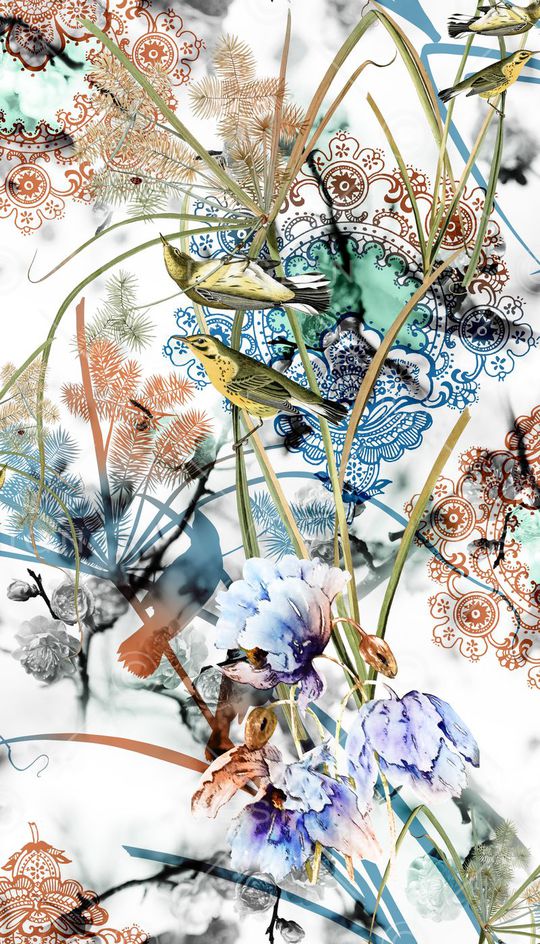 手绘花、手绘鸟、花纹、剪影印花花型图片