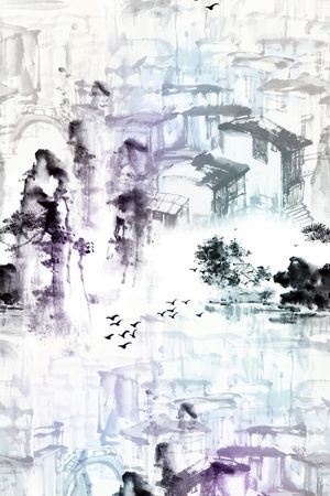 水墨画印花花型图片