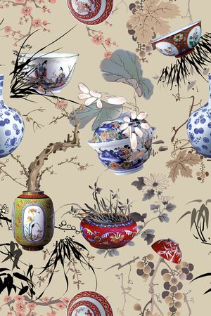 中国风青花瓷国画花卉组合时尚女装印花花型图片