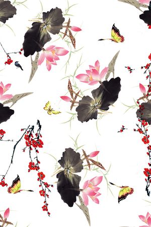 中国风国画水墨写意花卉印花花型图片