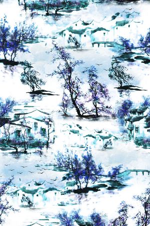 水墨画、国画、江南小镇印花花型图片