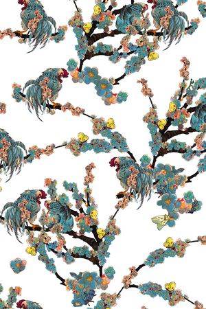 生肖鸡树枝花卉印花花型图片