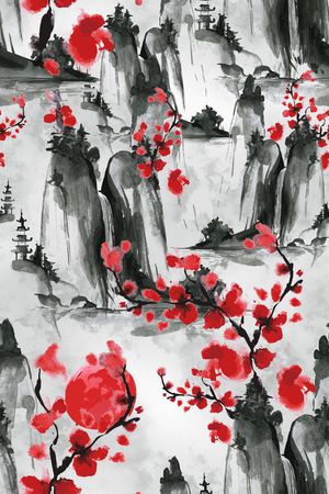 水墨画印花花型图片