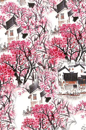 手绘风景印花花型图片