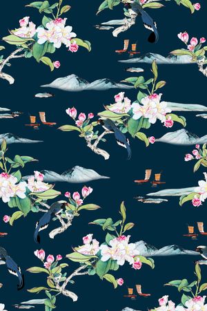 中国画手绘桃花印花花型图片