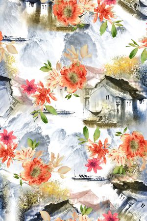 水墨房子印花花型图片