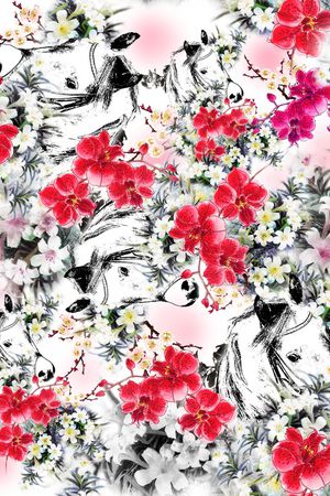 红色花卉印花花型图片